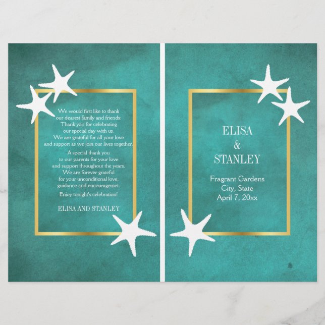 White starfish on teal folded wedding program (Front)