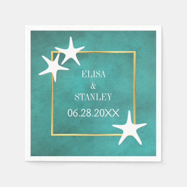 White starfish on teal stained beach wedding napkin (Front)