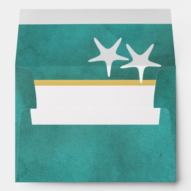 White starfish on teal stained paper beach wedding envelopes (Back (Bottom))
