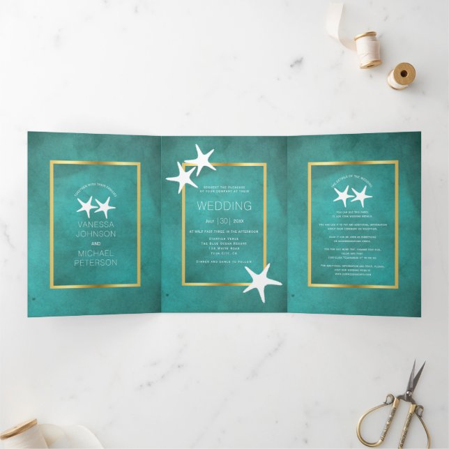 White starfish on teal stained paper beach wedding Tri-Fold invitation (Inside)
