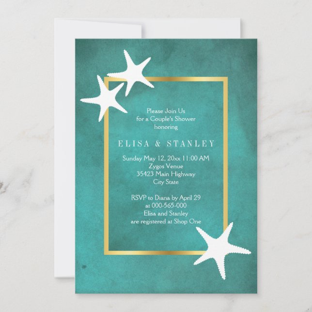 White starfish on teal wedding couples shower invitation (Front)