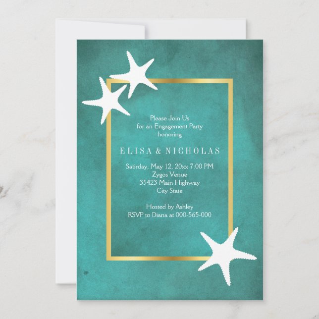 White starfish on teal wedding engagement invitation (Front)