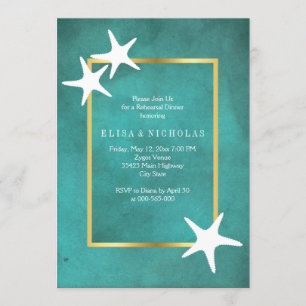 White starfish on teal wedding rehearsal dinner invitation