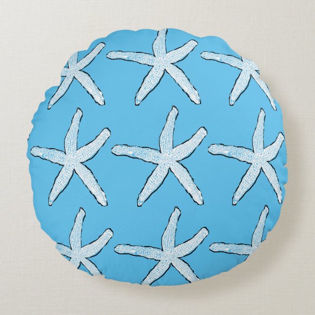 White Starfish Pattern Beach Sky Blue Christmas Round Cushion (Front)