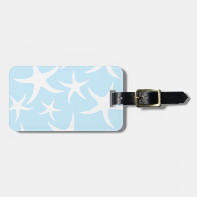 White Starfish Pattern on Light Blue. Luggage Tag (Front Horizontal)