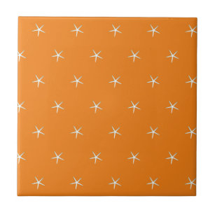 White Starfish Pattern Orange Nautical Beach Decor Tile