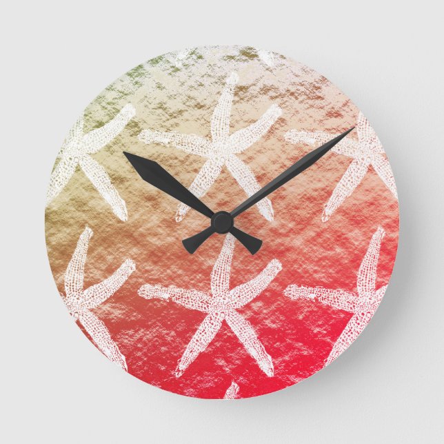 White Starfish Patterns Golden Foil Pink Ombre Round Clock (Front)