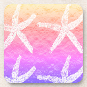 White Starfish Patterns Golden Foil Pink Purple Coaster
