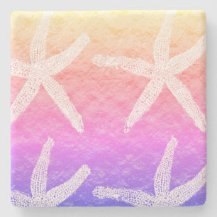 White Starfish Patterns Golden Foil Pink Purple Stone Coaster