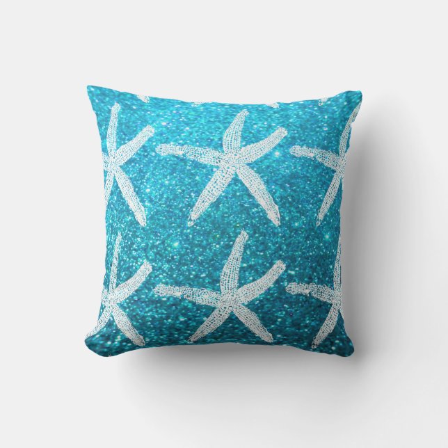 White Starfish Patterns Luxury Glittery Teal Blue Cushion (Front)