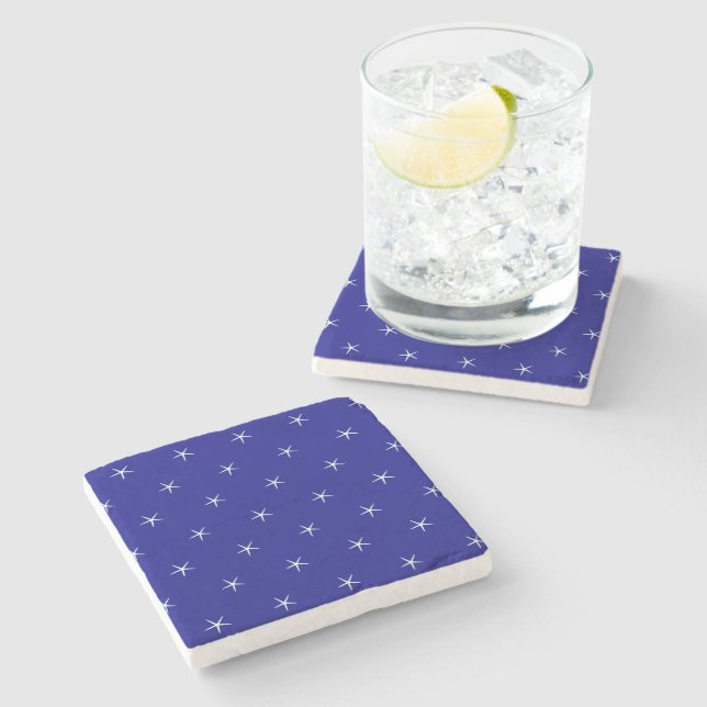 White Starfish Patterns Navy Blue Custom Nautical Stone Coaster (Side)