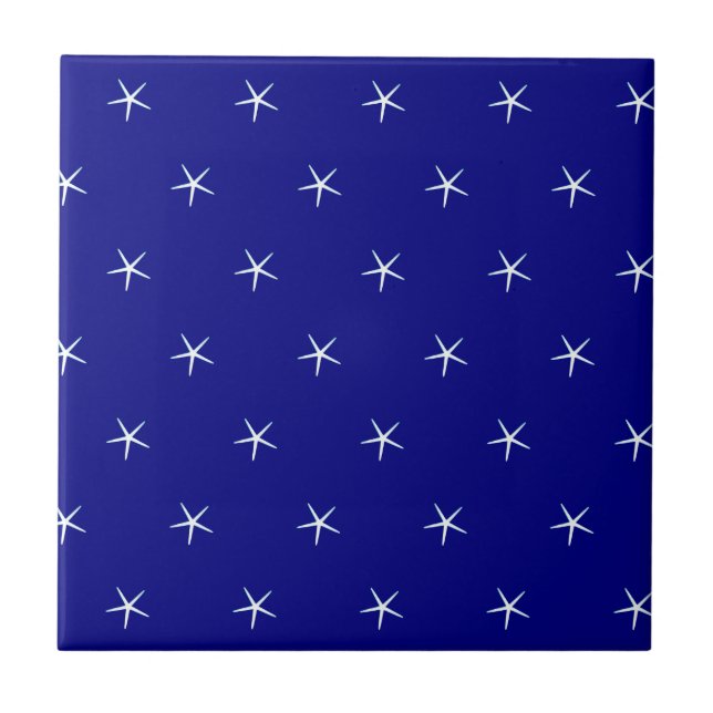 White Starfish Patterns Navy Blue Custom Nautical Tile (Front)