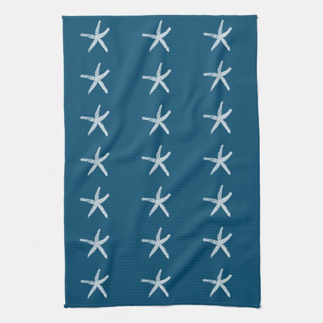 White Starfish Patterns Ocean Blue Custom Colour Tea Towel (Vertical)