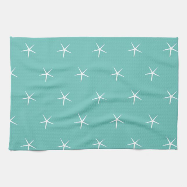 White Starfish Patterns Teal Blue Nautical Beach Tea Towel (Horizontal)