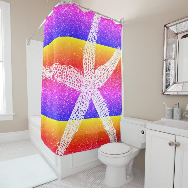 White Starfish Pink Purple Gold Yellow Glitter Shower Curtain (In Situ)