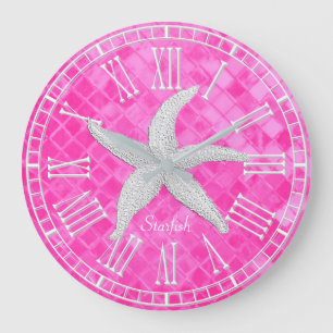 White Starfish Pink Sea Glass Personailize Large Clock