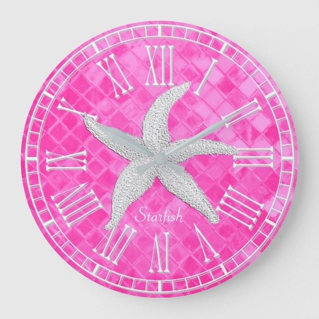White Starfish Pink Sea Glass Personailize Large Clock (Front)