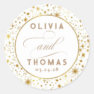 White Starry Night Themed Wedding Classic Round Sticker