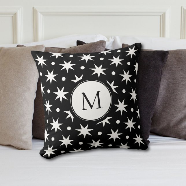 White Stars And Dots On Black Monogram  Cushion (Creator Uploaded)