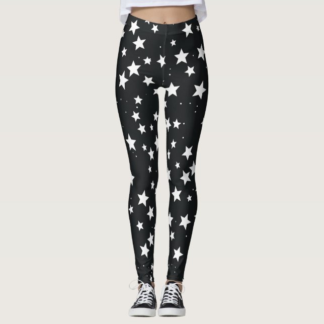 White Stars on Black Background Leggings (Front)