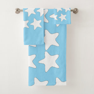 White Stars On Lt Blue Bath Towel Set