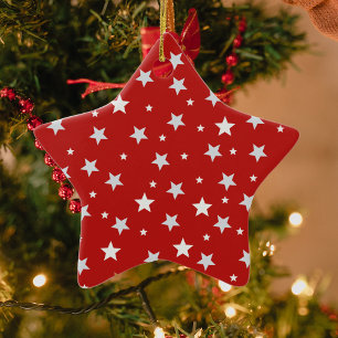 White Stars on Red Christmas Holidays Ceramic Tree Decoration