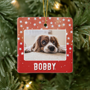White Stars on Red Pet Photo Name Christmas Ceramic Ornament