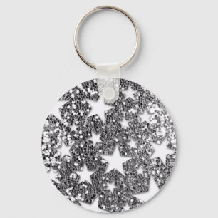 White Stars on Silver Glitter Look Key Ring