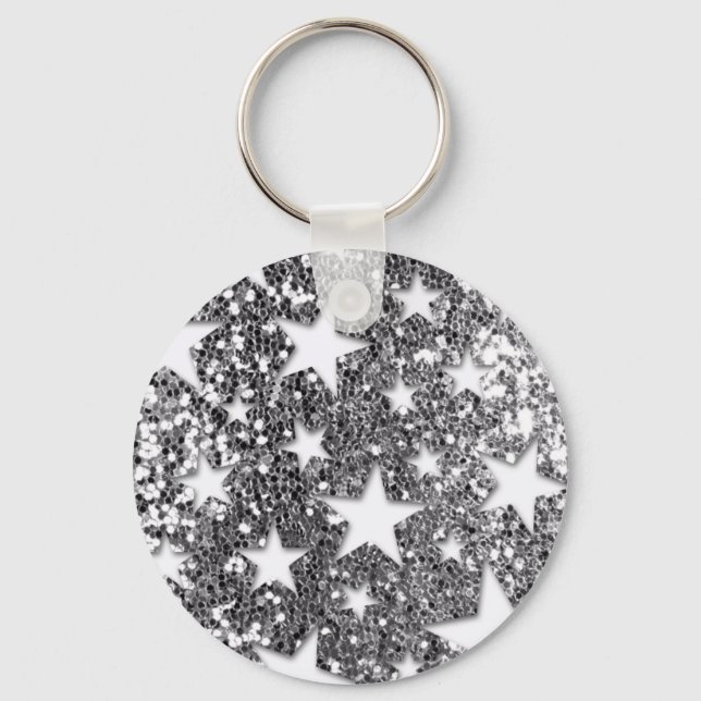 White Stars on Silver Glitter Look Key Ring (Front)