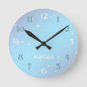 White Stars Over Colourful Sky With Name Round Clock