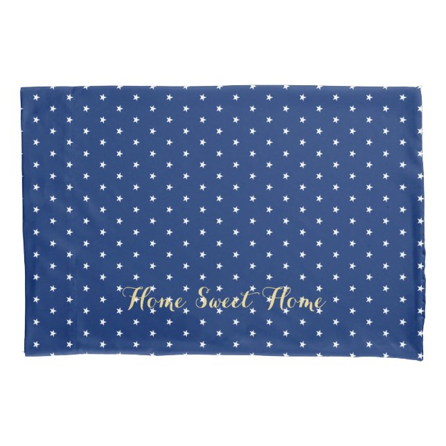 White Stars Pattern Gold Monogram USA Flag Blue Pillowcase (Front)