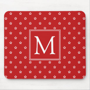 White Stars Pattern on Bright Red Monogram Mouse Mat