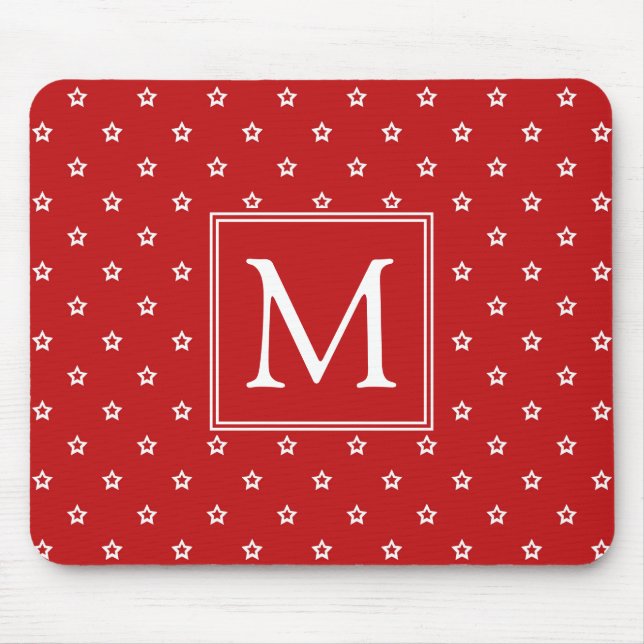 White Stars Pattern on Bright Red Monogram Mouse Mat (Front)