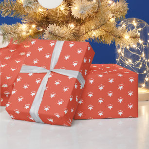 White Stars, Snowflakes, dark orange Holidays Wrapping Paper