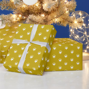White Stars, Snowflakes mustard yellow Holidays Wrapping Paper