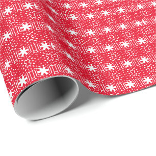 White Stars, Snowflakes, Red Christmas Holiday Wrapping Paper