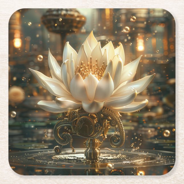 White Steam-punk Lotus Digital Art Square Paper Coaster (Front)