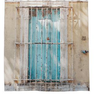 White steel window grill shower curtain