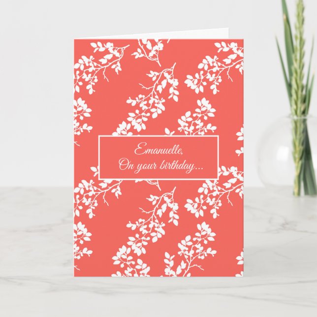 White Stems on a Coral Background Birthday Card (Front)