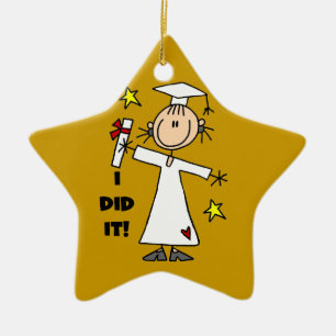 White Stick Figure Girl Graduate on Gold Ceramic Tree Decoration