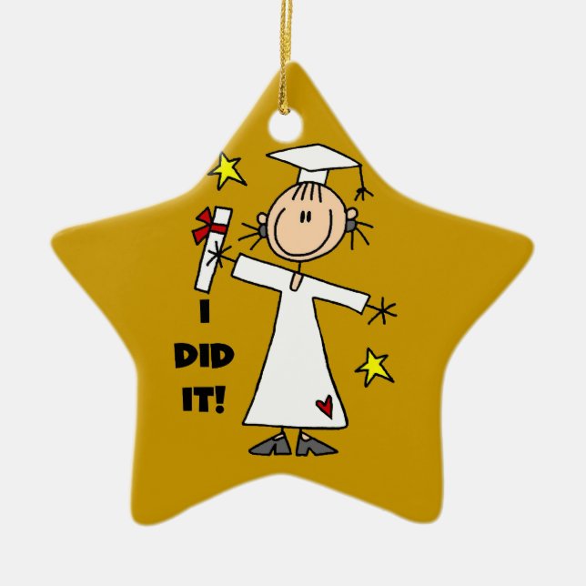 White Stick Figure Girl Graduate on Gold Ceramic Tree Decoration (Front)