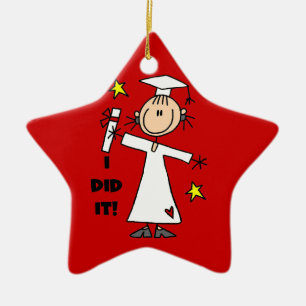 White Stick Figure Girl Graduate on Red Ceramic Tree Decoration