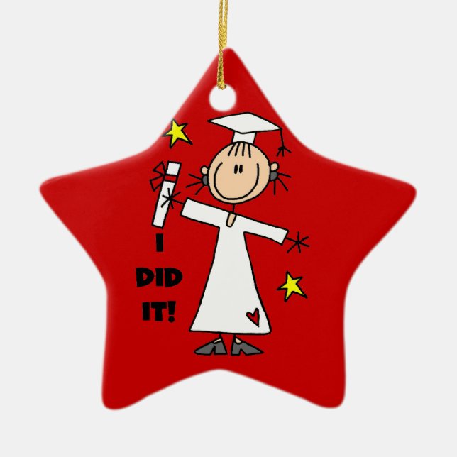 White Stick Figure Girl Graduate on Red Ceramic Tree Decoration (Front)