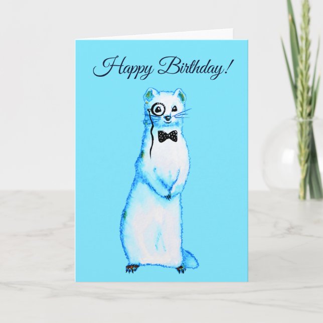 White Stoat Ermine Cute Ferret Lover Art Birthday Card (Front)