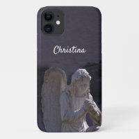White Stone Christian Angel Statue Deep Purple
