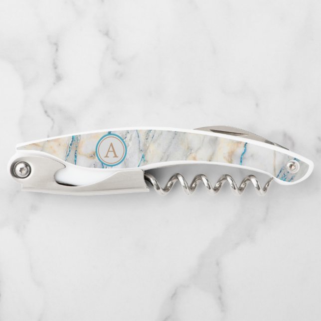 White Stone Marble Blue Glitter Monogram Corkscrew (Front)