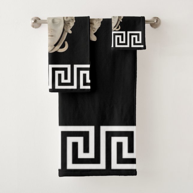 White Stone Medusa Greek Key Designer  Bath Towel Set (Insitu)