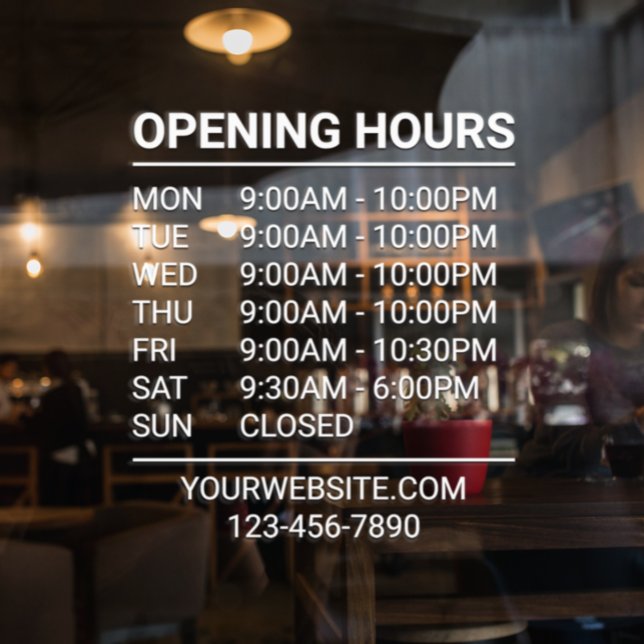 White Store Hours Sign Website Phone Window Cling (Creator Uploaded)