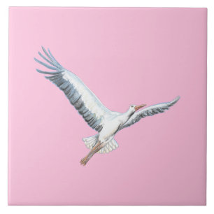 White stork flying pastel pink tile