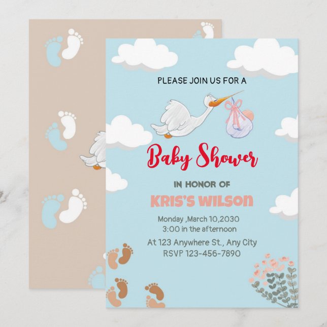 white stork for beautiful baby party   invitation (Front/Back)